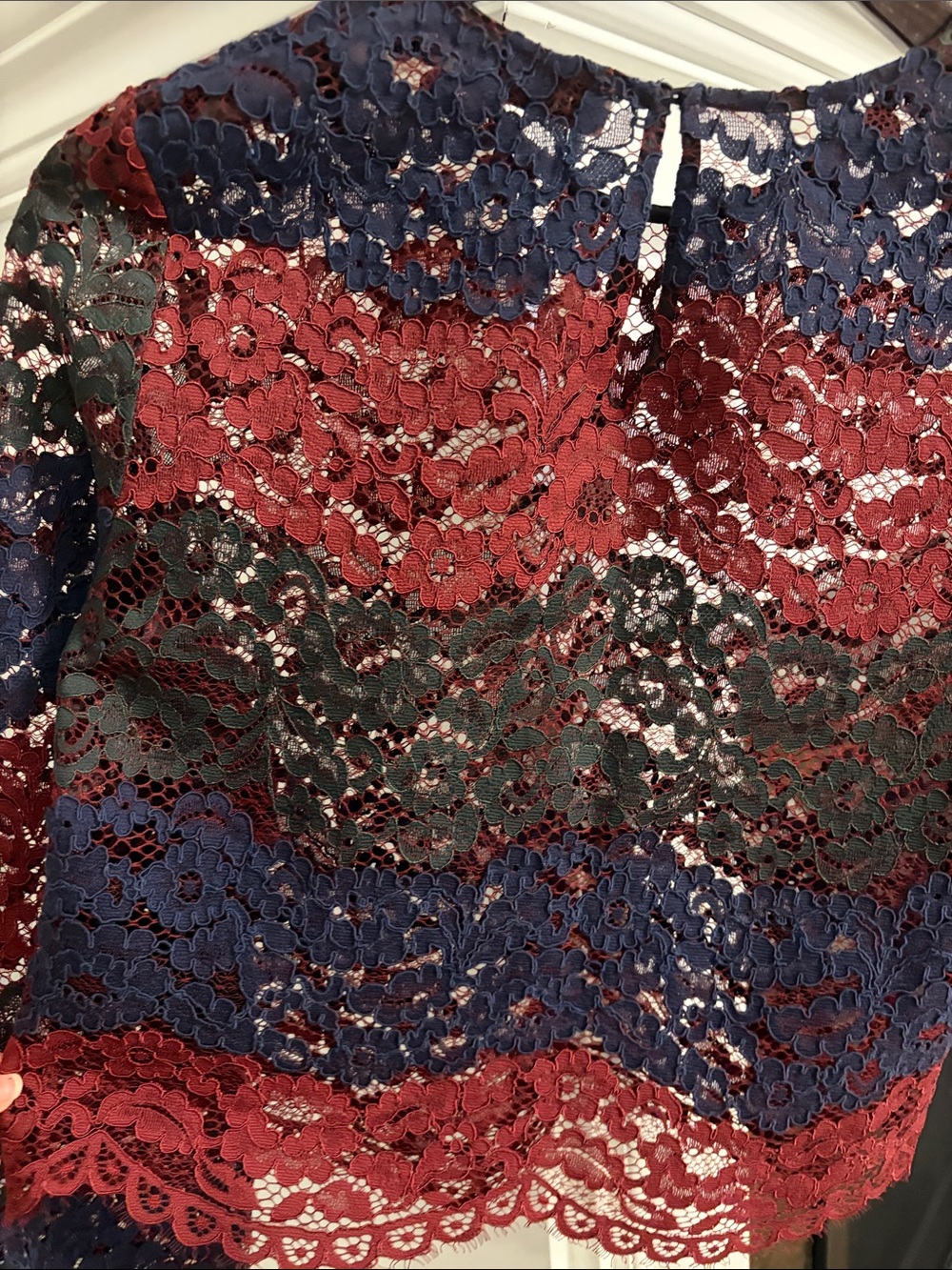 Sandro Red Blue Green Floral Lace Long-Sleeve Crop Top - Picture 4 of 6